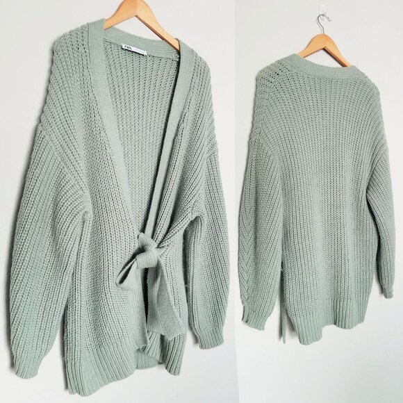 ZARA Sage Green Knit Wrap Tie Belt Cardigan M Sweater Chunky Knit Cozy Soft Long - Picture 16 of 16